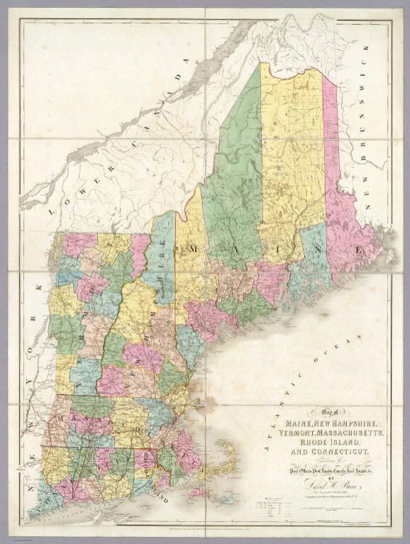 Map of Maine, New Hampshire, Vermont, Massachusetts, Rhode Island, and Connecticut.