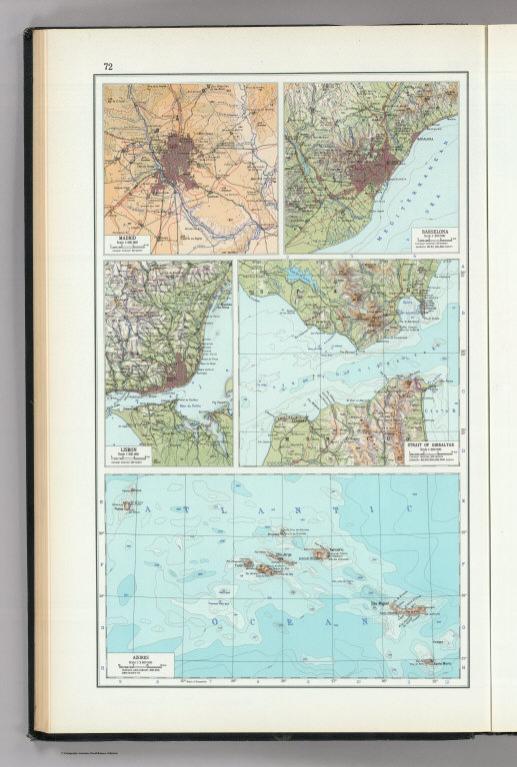 72. Madrid, Barselona (Barcelona), Lisbon, Strait of Gibraltar, Azores. The World Atlas.