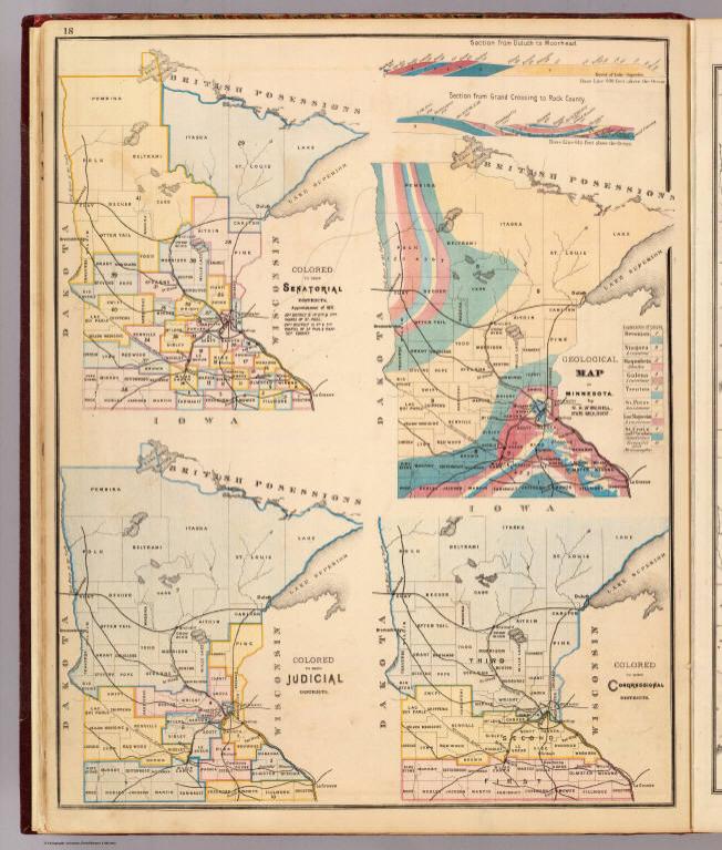 Geological map of Minnesota by N.H. Winchell, State Geologist. (with maps) Colored to show senatorial ... judicial (and) congressional districts.