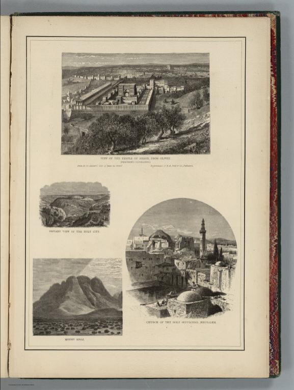 View: Temple of Herod. View of the Holy City. Mount Sinai. Church of Holy Sepulchre, Jerusalem.