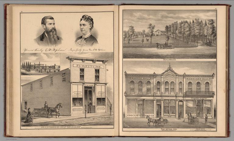 Portrait: E.W. Uphams. View: Residences of E.W. Upham and James Dunn, Portage County, Ohio.