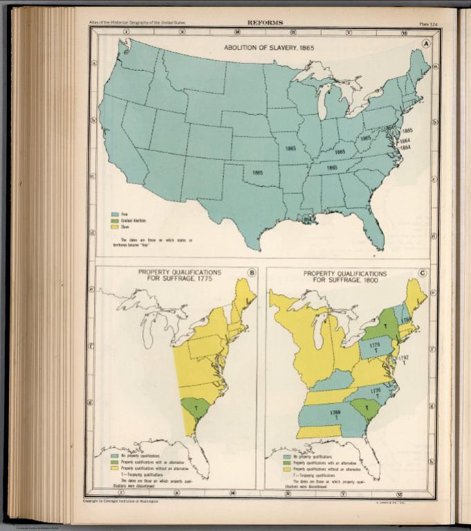 Plate 124. Reforms. Abolition of Slavery, 1865. Property Qualifications for Suffrage, 1775, 1800.