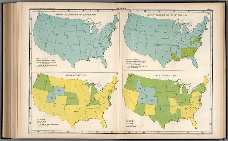 Plate 126. Reforms. Property Qualifications for Suffrage, 1890, 1920. Suffrage. 1775, 1900.