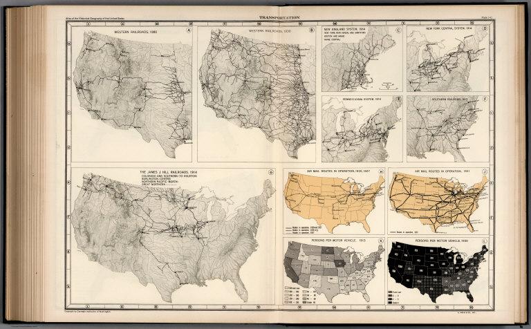 Plate 141. Transportation. Railroads, 1880 - 1914. Air Mail Routes, 1920, 1927. Air Mail Motor Vehicles, 1930.