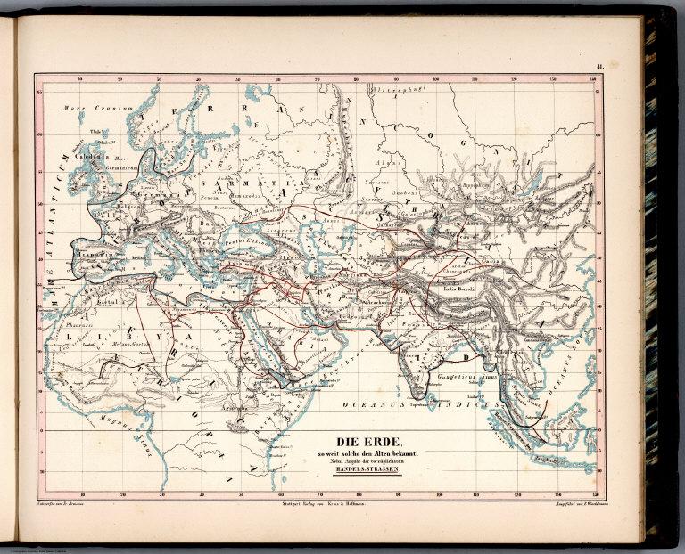 41. Die Erde, so weit solche den Alten bekannt. Nebst Angabe der vorzüglichsten Handels-Strassen