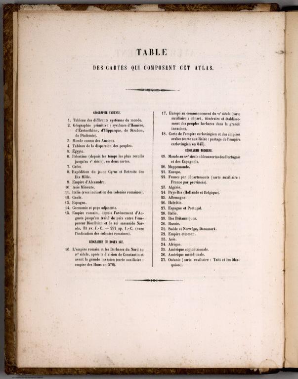 Table of Contents: Table des Cartes qui Composent cet Atlas.