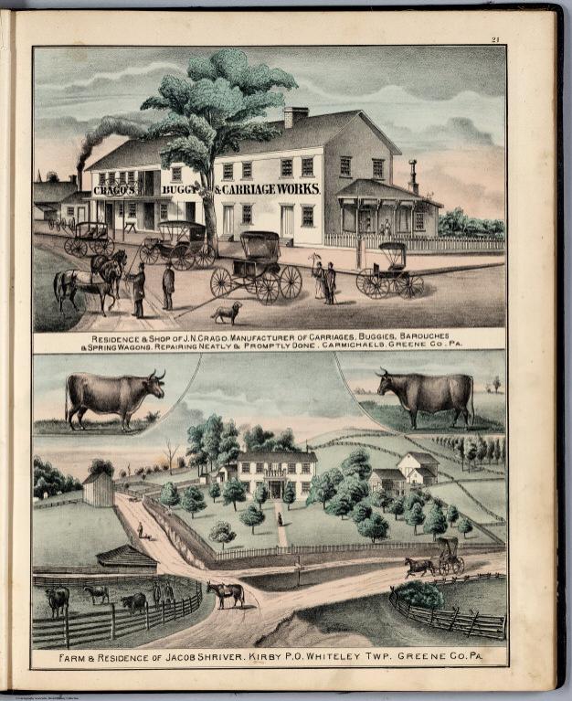 View: Residence & Shop of J.N. Crago. Farm & Residence of Jacob Shriver, Greene County, Pennsylvania.