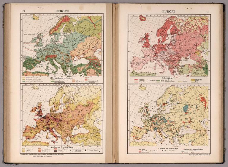 Europe. Formations Vegetales. Densite de la Population. Religions. Mines et Industries