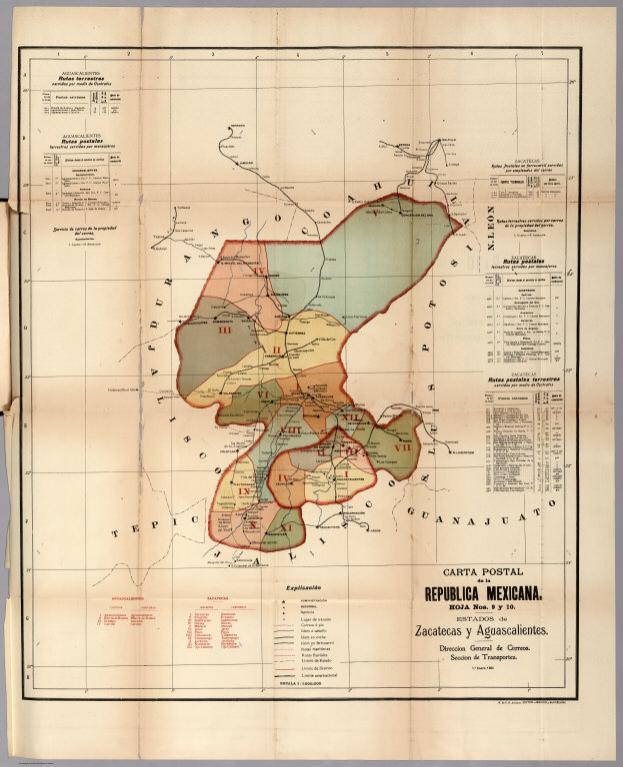 Carta Postal de la Republica Mexicana. Hoja Nos. 9 y 10. Estados de Zacatecas y Aguascalientes.