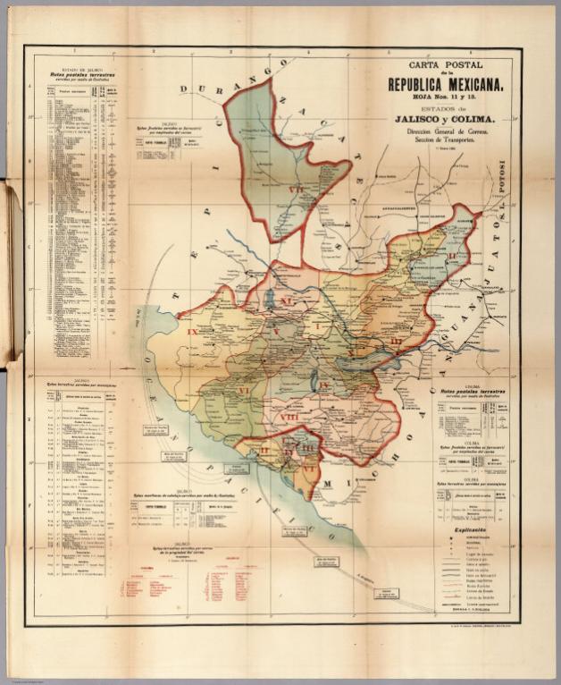 Carta Postal de la Republica Mexicana. Hoja Nos. 11 y 13. Estados de Jalisco y Colima.