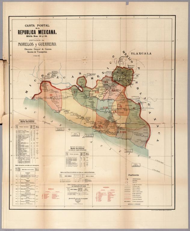 Carta Postal de la Republica Mexicana. Hoja Nos. 22 y 23. Estados de Morelos y Guerrero.
