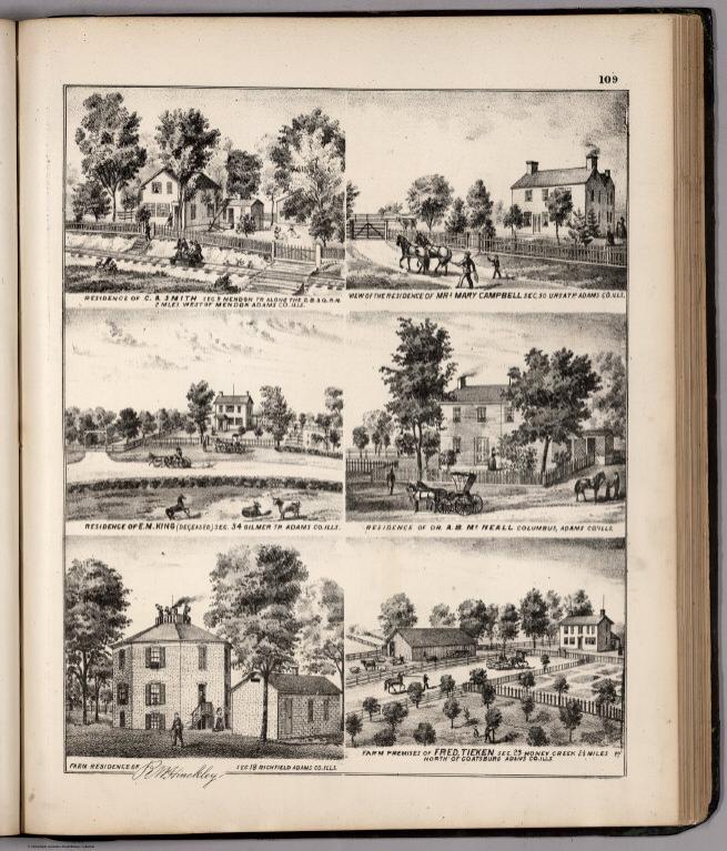 View: Residences of C.A. Smith, Mary Campbell, E.M. King, etc., Adams County, Illinois.