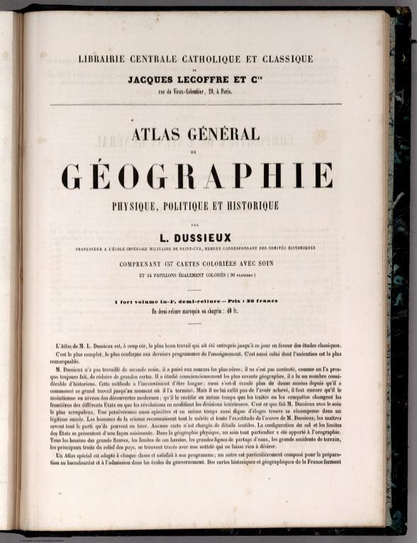 (Advertisement) Atlas General de Geographie Physique, Politique et Histoire par L. Dussieux.