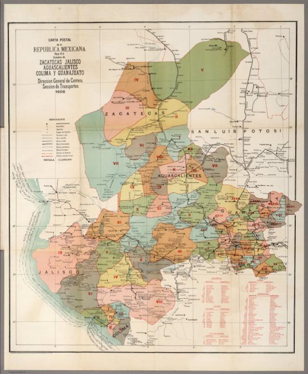 Carta Postal de la Republica Mexicana. Estados de Zacatecas, Jalisco, Aguascalientes, Colima, y Guanajuato.