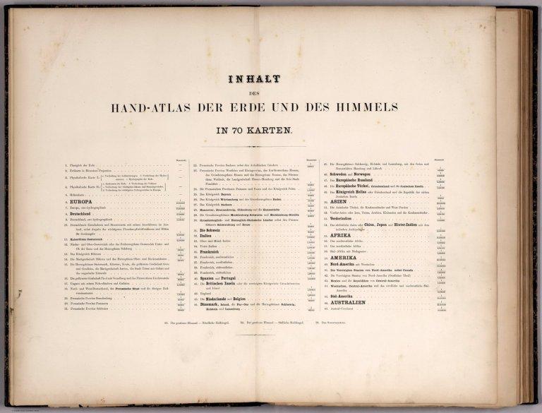 Contents: Inhalt des Hand - Atlas Der Erde Und Des Himmels