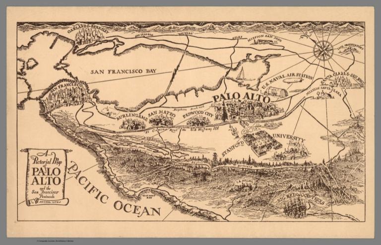 Pictorial map of Palo Alto and the San Francisco Penninsula