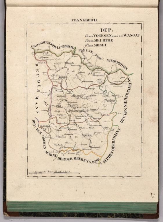 V.1:1-5: I: Frankreich. DEP: 13. Der Vogesen oder des Wasgau. 14. Der Meurthe. 16. Der Mosel