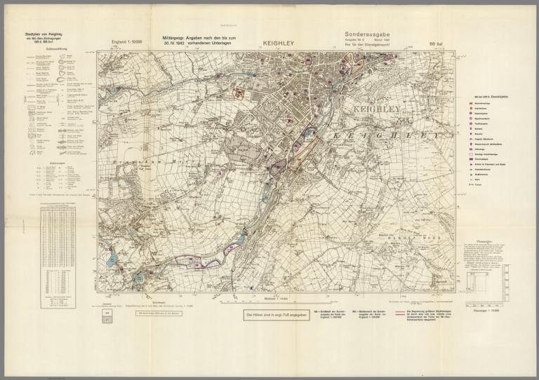 Street Map of Keighley, England with Military-Geographic Features. BB 9af.