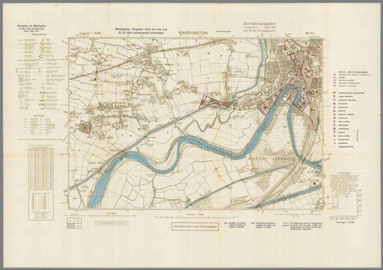 Street Map of Warrington, England with Military-Geographic Features. BB 12x.