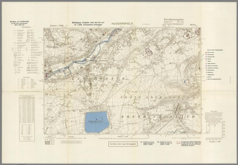 Street Map of Huddersfield, England with Military-Geographic Features. BB 9ac.