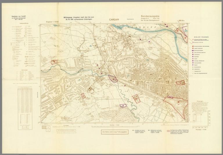 Street Map of Cardiff, Wales with Military-Geographic Features. BB 32a.