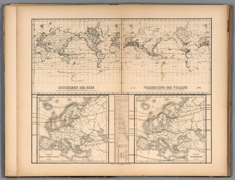 Isotherms of the earth. Spreading of the Volcanos. Trees and bush plants in Europe. Cultural plants in Europe.