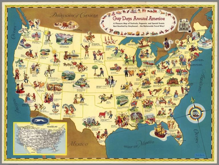 Gay Days Around America. Map of Festivals, Pageants, and Special Events Reached by Greyhound.