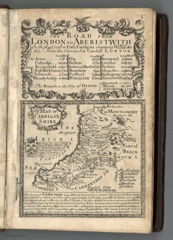 Road from London to Aberistwith (Aberystwyth). Map of Cardiganshire.