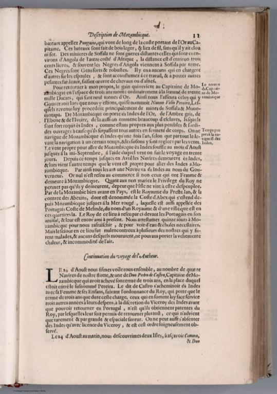 Text: Histoire de la Navigation de Iean Hugues de Linscot ... Indes Orientales (continued).