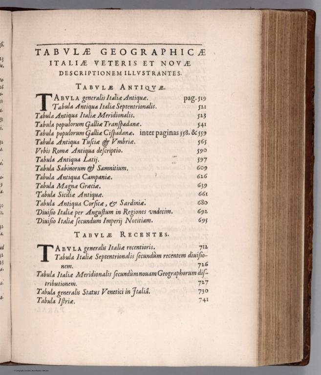 Index: Tabulae Geographicae Italiae Veteris et Novae Descriptionem Illustrantes.