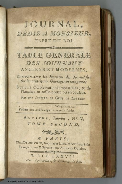 Title for Volume 2: Table generale des journaux anciens et modernes, contenant les jugemens des journalistes.