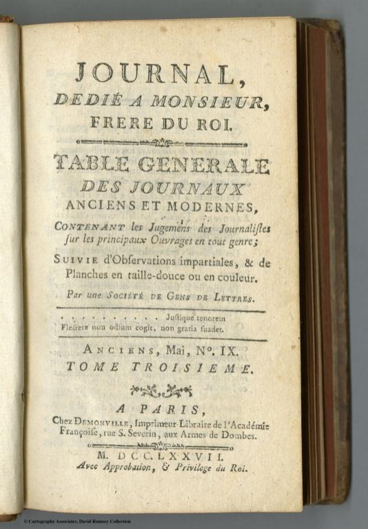 Title for Volume 3: Table generale des journaux anciens et modernes, contenant les jugemens des journalistes.