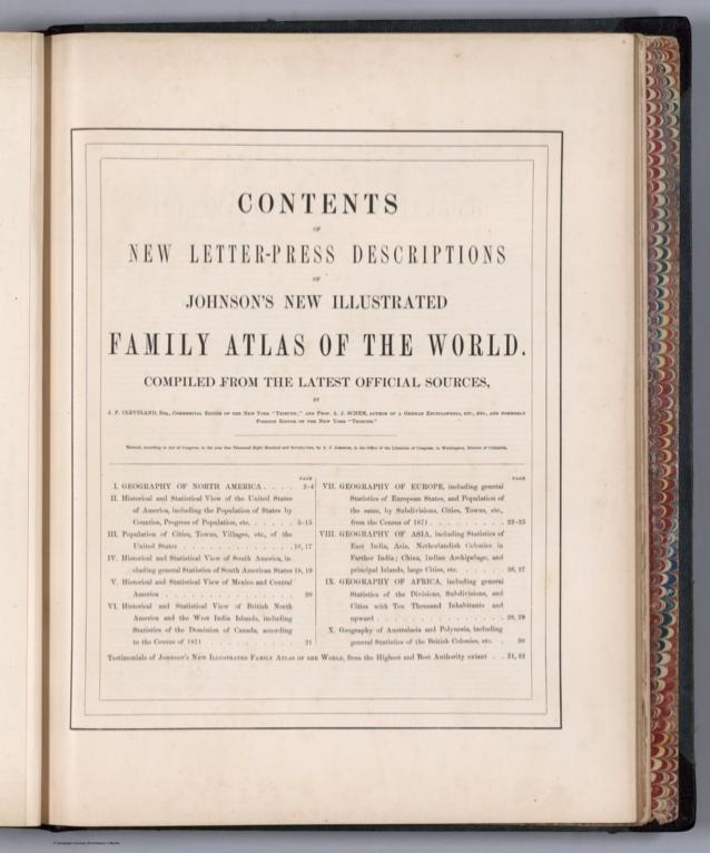 Contents: Contents of new letter-press descriptions of Johnson's new illustrated family atlas of the world