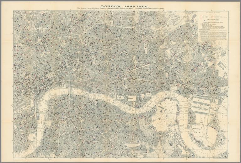 London, 1899-1900. Map showing Places of Religious Worship, Public Elementary Schools, and Houses Licensed for the Sale of Intoxicating Drinks.