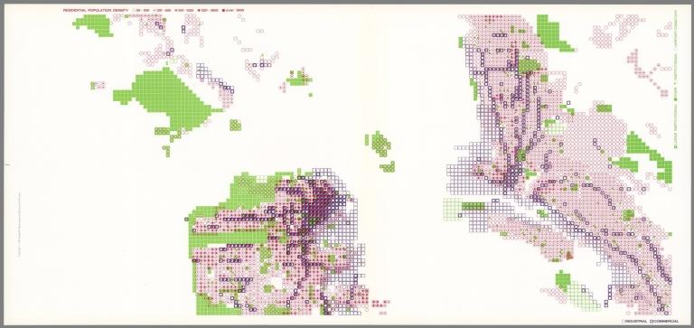 San Francisco West; San Francisco East. Residential Population Density; Industrial, Commercial; Large Institutional, Park, Institutional, Airport, Cemetery.