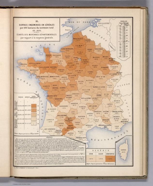 Surface Ensemencee en Cereales par 100 hectares du territoire total en 1882.