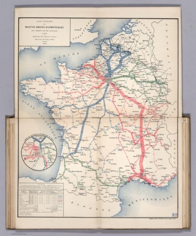 Carte Figurative des Recettes des Brutes Kilometriques des Chemins de Fer Francais en 1878.