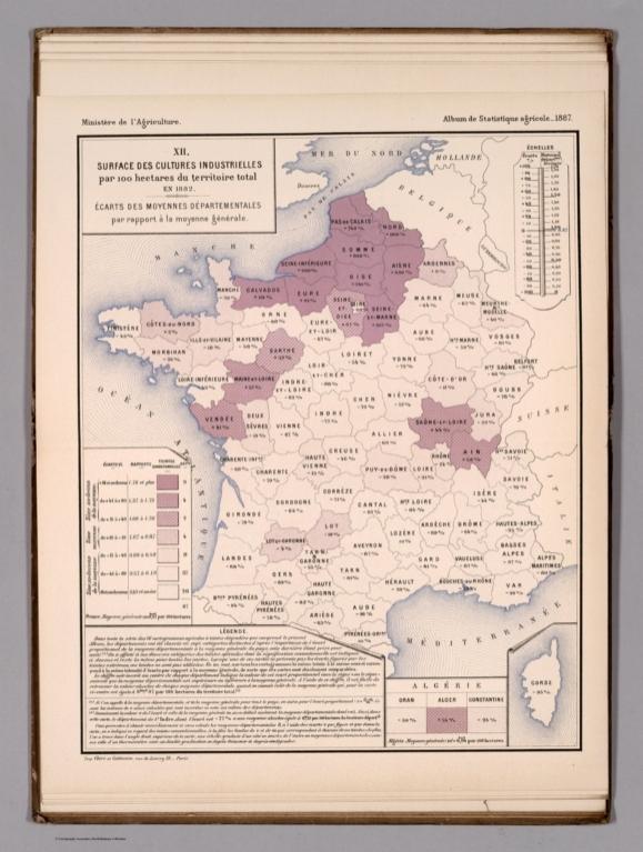 XII. Surface des cultures industrielles par 100 hectares du territoire total, en 1882