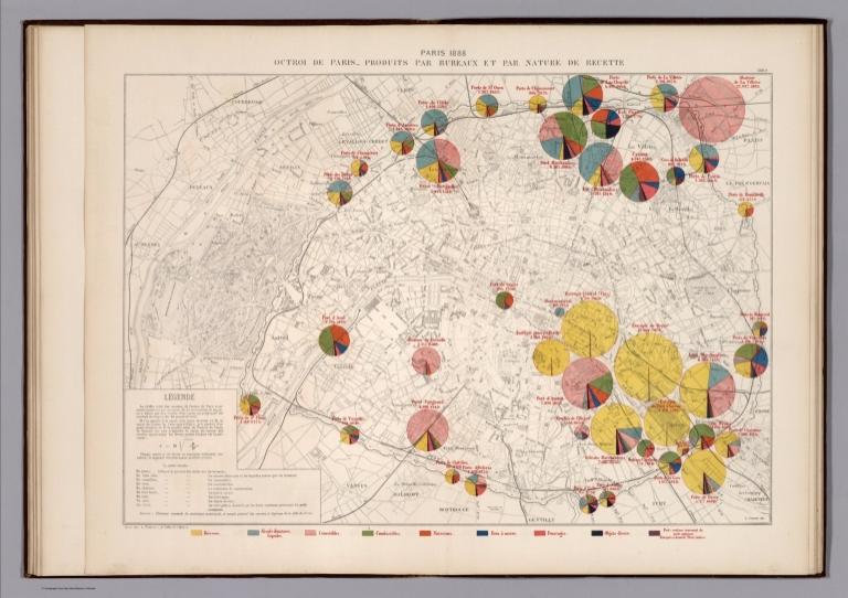 Paris 1888 : Octroi de Paris - produits par bureaux et par nature de recette