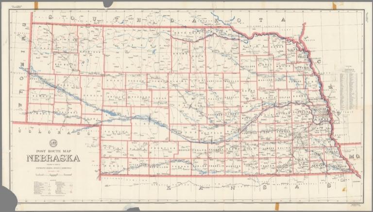 Post Route Map of the State of Nebraska Showing Post Offices ... October 1, 1959.