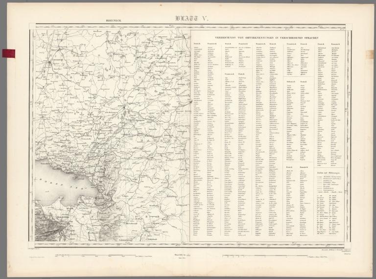 Blatt V. Rheineck. Verzeichniss ortsbenennungen in verschiedenes sprachen