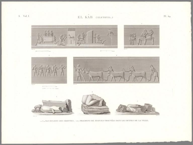 Planche 69, El kâb (Elethyia.). 1.2.3.4 Bas-Reliefs Des Grottes. 5.6.7 Fragmens De Statues Trouvées Dans Les Ruines De La Ville.