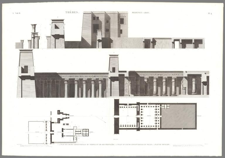 Planche 4 Thèbes, Medynet-abou. 1.4 Plan Et Coupe Longitudinale Du Temple Et De Ses Propylées. 2.3 Plan Et Coupe Longitudinale Du Palais. 5 Plan Du Pavillon.