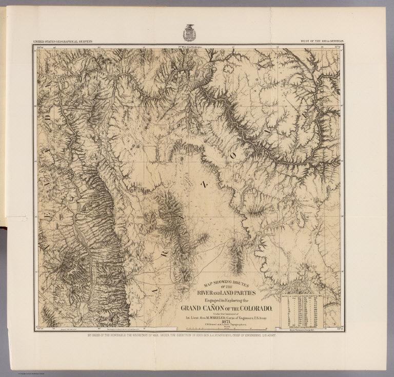 Map, river and land parties, exploring Grand Canon of the Colorado.