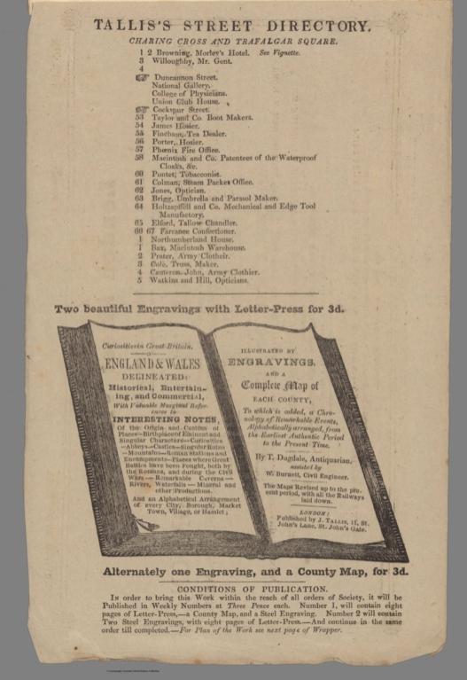 Contents: Tallis's street directory : Charing Cross and Trafalgar Square.