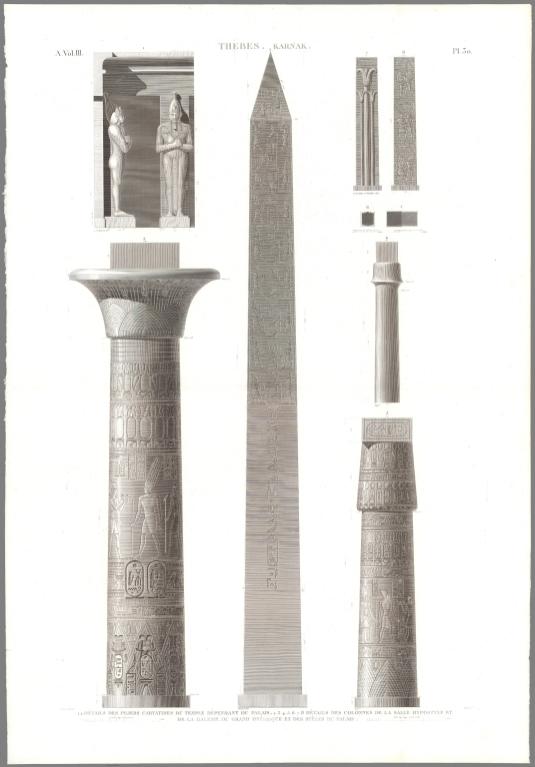 Planche 30 Thèbes, Karnak. 1.1'.Détails Des Piliers Caryatides Du Temple Dépendant Du Palais. 2.3.4.5.6.7.8 Détails Des Colonnes De La Salle Hypostyle Et De La Galerie, Du Grand Obélisque Et Des Stèles Du Palais.