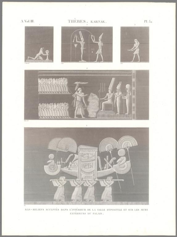 Planche 32 Thèbes, Karnak. Bas-Reliefs Sculptés Dans L'intérieur De La Salle Hypostyle Et Sur Les Murs Extérieurs Du Palais.