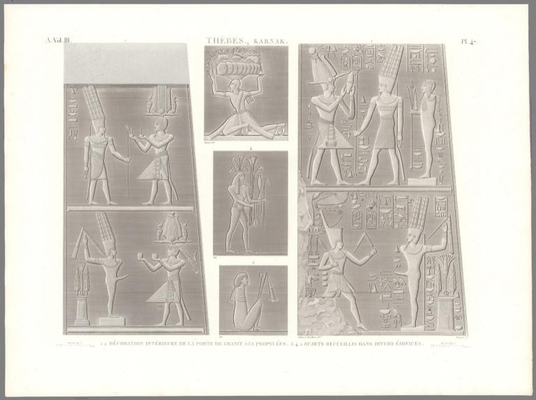 Planche 47 Thèbes, Karnak. 1.2 Décoration Intérieure De La Porte De Granit Des Propylées. 3.4.5 Sujets Recueillis Dans Divers Édifices.