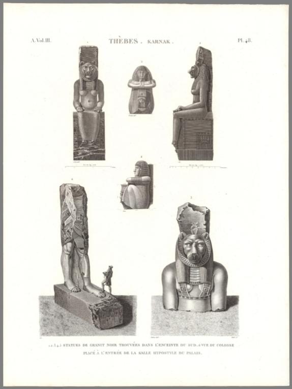 Planche 48 Thèbes, Karnak. 1.2.3.4.5 Statues De Granit Noir Trouvées Dans L'enceinte Du Sud. 6 Vue Du Colosse Placé À L'entrée De La Salle Hypostyle Du Palais.