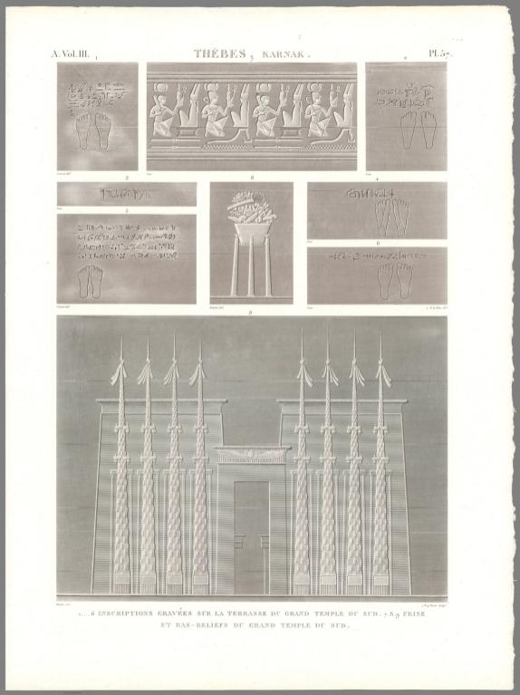 Planche 57 Thèbes, Karnak. 1….6 Inscriptions Gravées Sur La Terrasse Du Grand Temple Du Sud. 7.8.9 Frise Et Bas-Reliefs Du Grand Temple Du Sud.